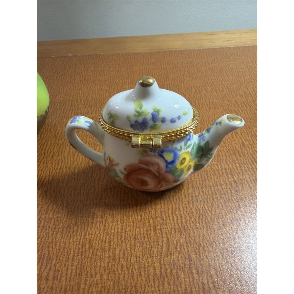 Set Of 2 Vintage Trinket Boxes: Teapot & Green Pear